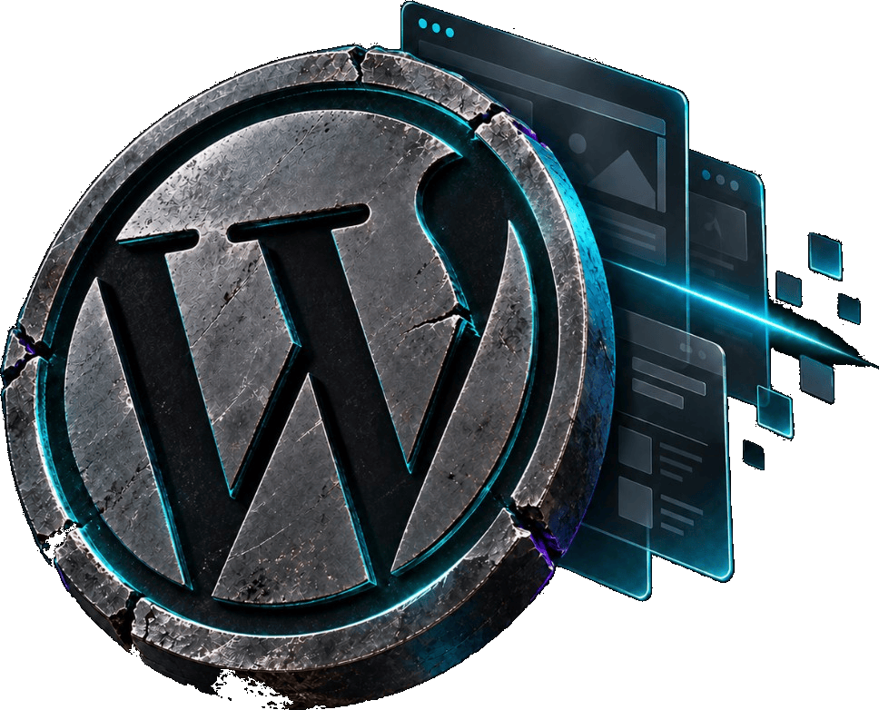 A cracked WordPress emblem in front of website interface panels