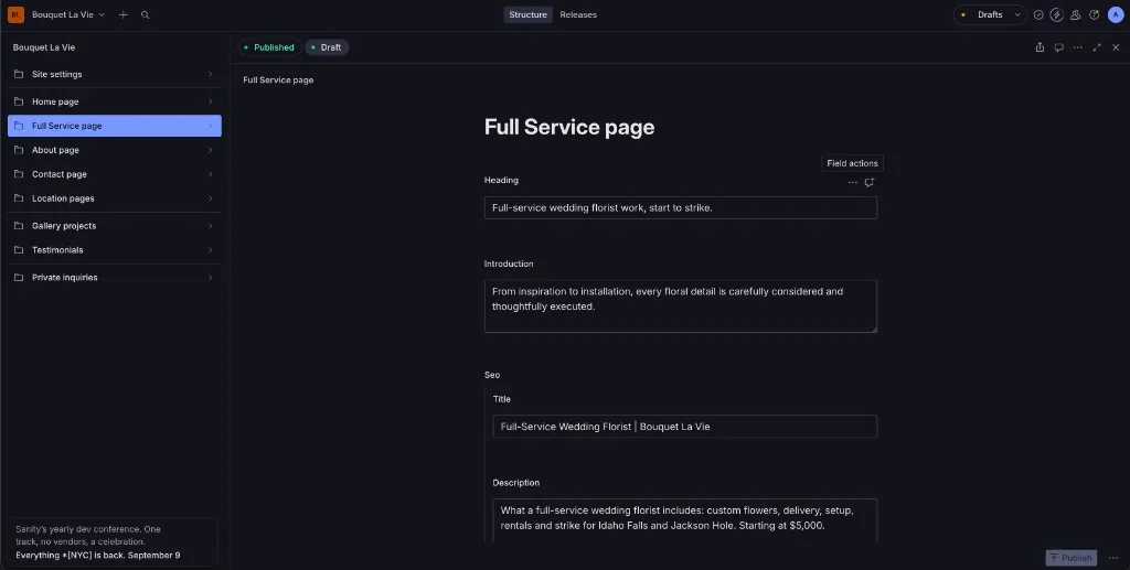 Sanity editor showing a page list and fields to edit, not a WordPress dashboard