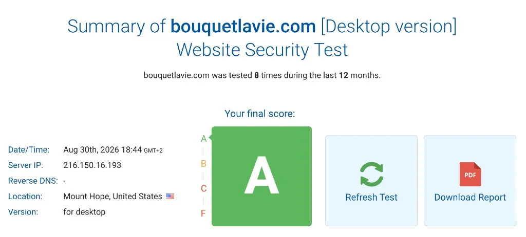 Website security test for bouquetlavie.com. Final score A.