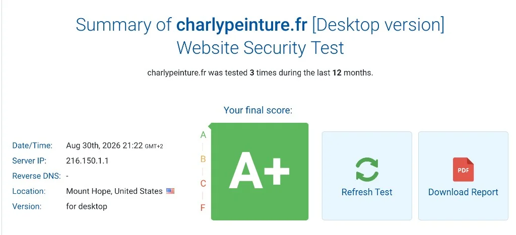 Website security test for charlypeinture.fr. Final score A+.
