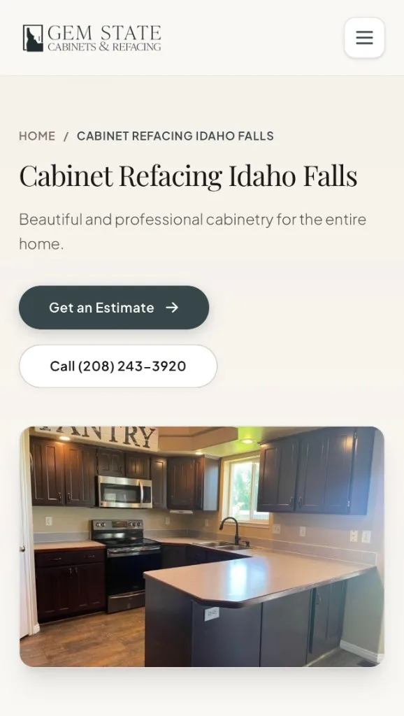 Gem State Cabinets website on mobile