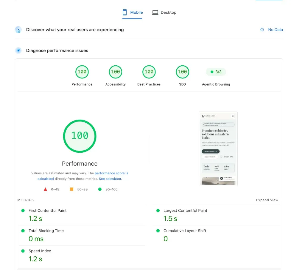 Gem State Cabinets mobile PageSpeed Insights with 100 for Performance, Accessibility, Best Practices, and SEO, plus 3 out of 3 for Agentic Browsing