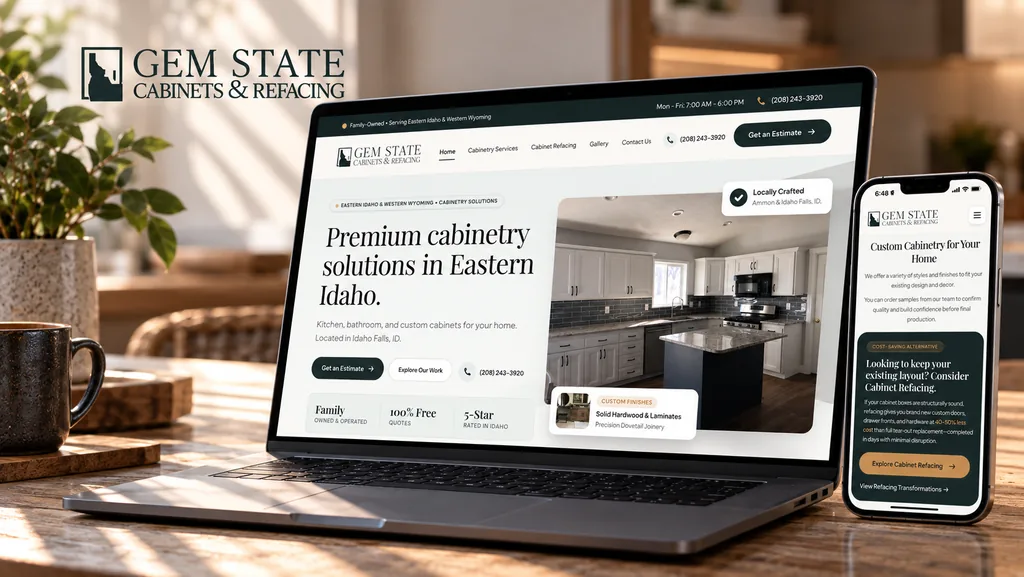 Gem State Cabinets website on a laptop and phone