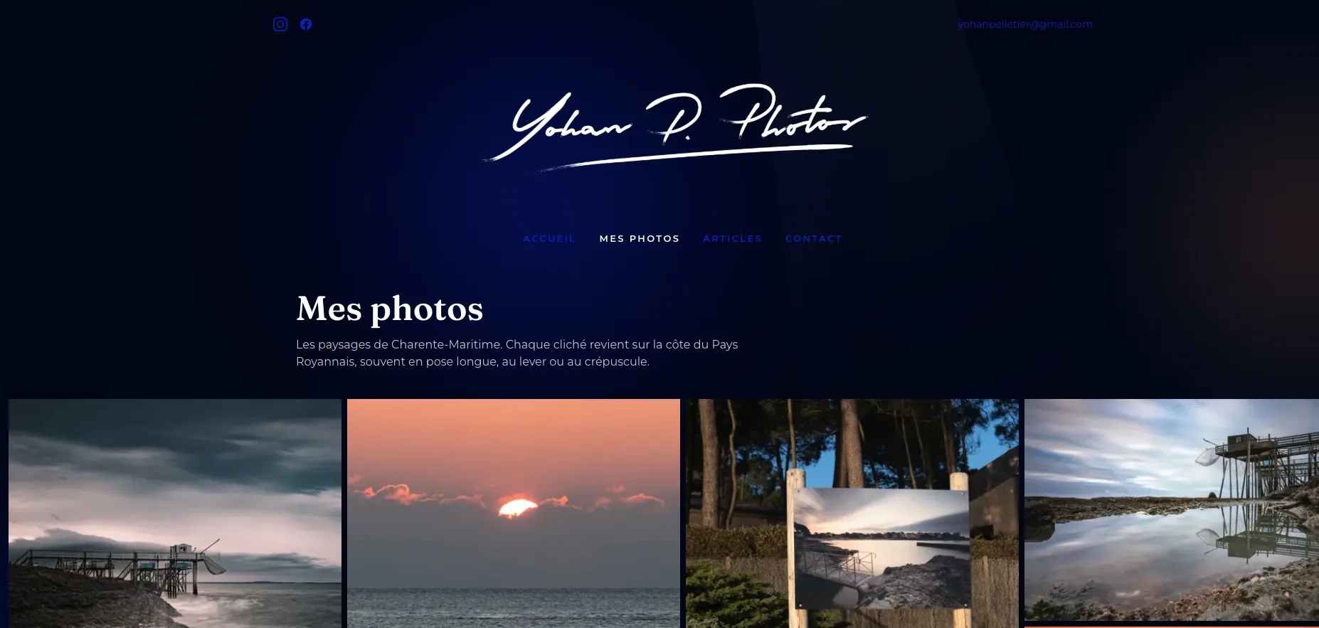 Yohan P Photo gallery page. Mes photos heading and a grid of Charente-Maritime coastal prints.